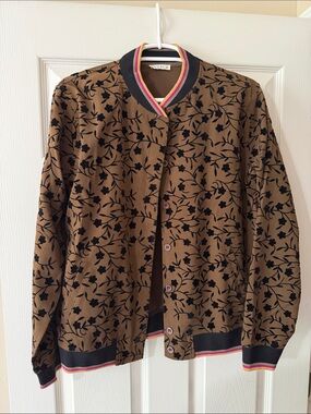 Kori Brown Floral Bomber Jacket with Black Print and Multicolor Trim